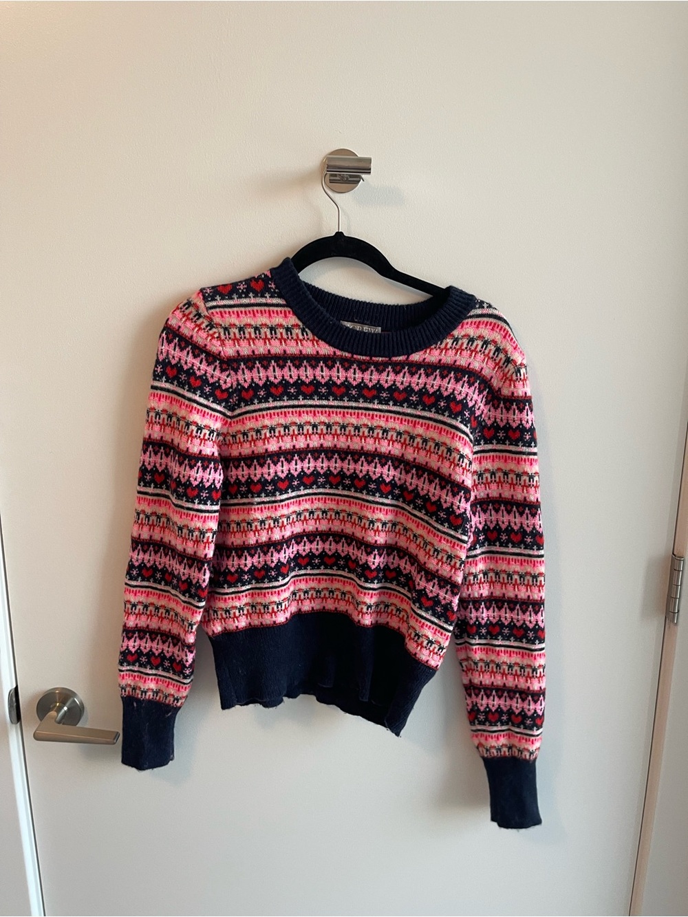 J Crew Women's Pink & Navy Patterned  Crewneck Sweater